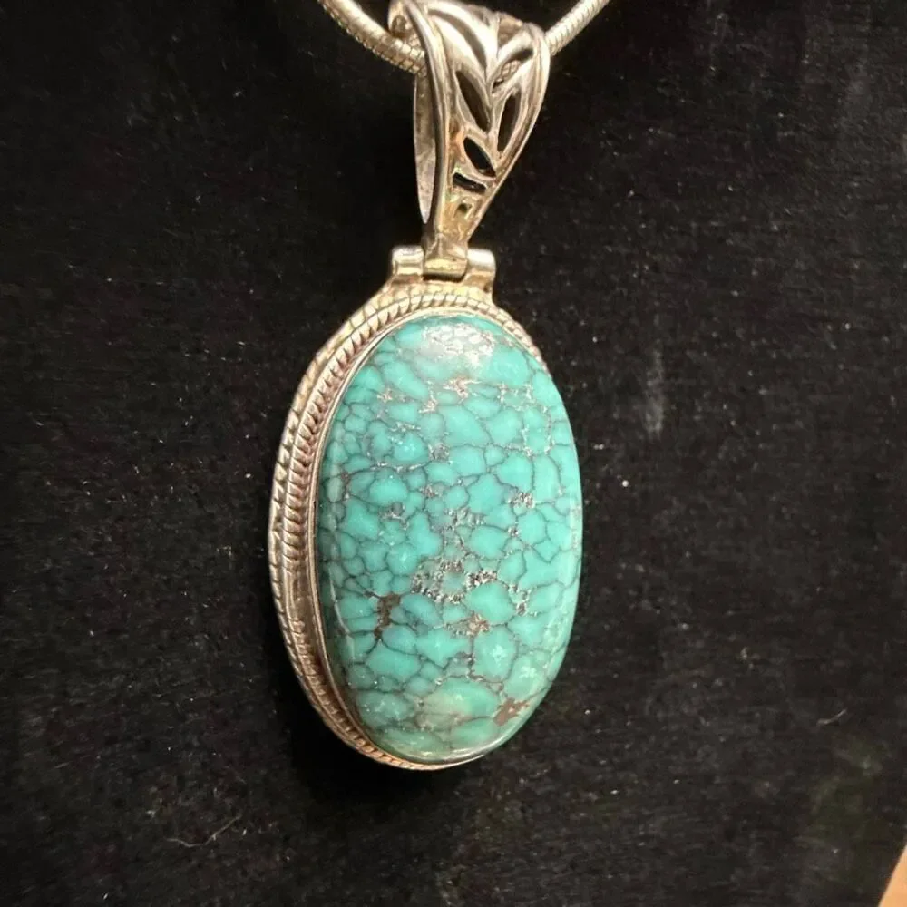 Sterling Silver Spiderweb Turquoise Pendant Large Oval Blue Stone Statement 12.6